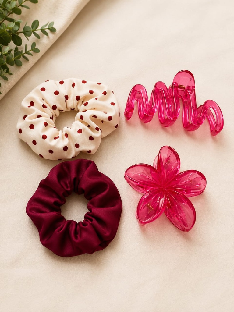 Scrunchie & Claw Bundle - Maroon X White